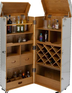 Barek na kółkach rozkładany stal srebrna wnętrze naturalne 64x145 cm