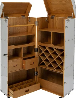 Barek na kółkach rozkładany stal srebrna wnętrze naturalne 64x145 cm