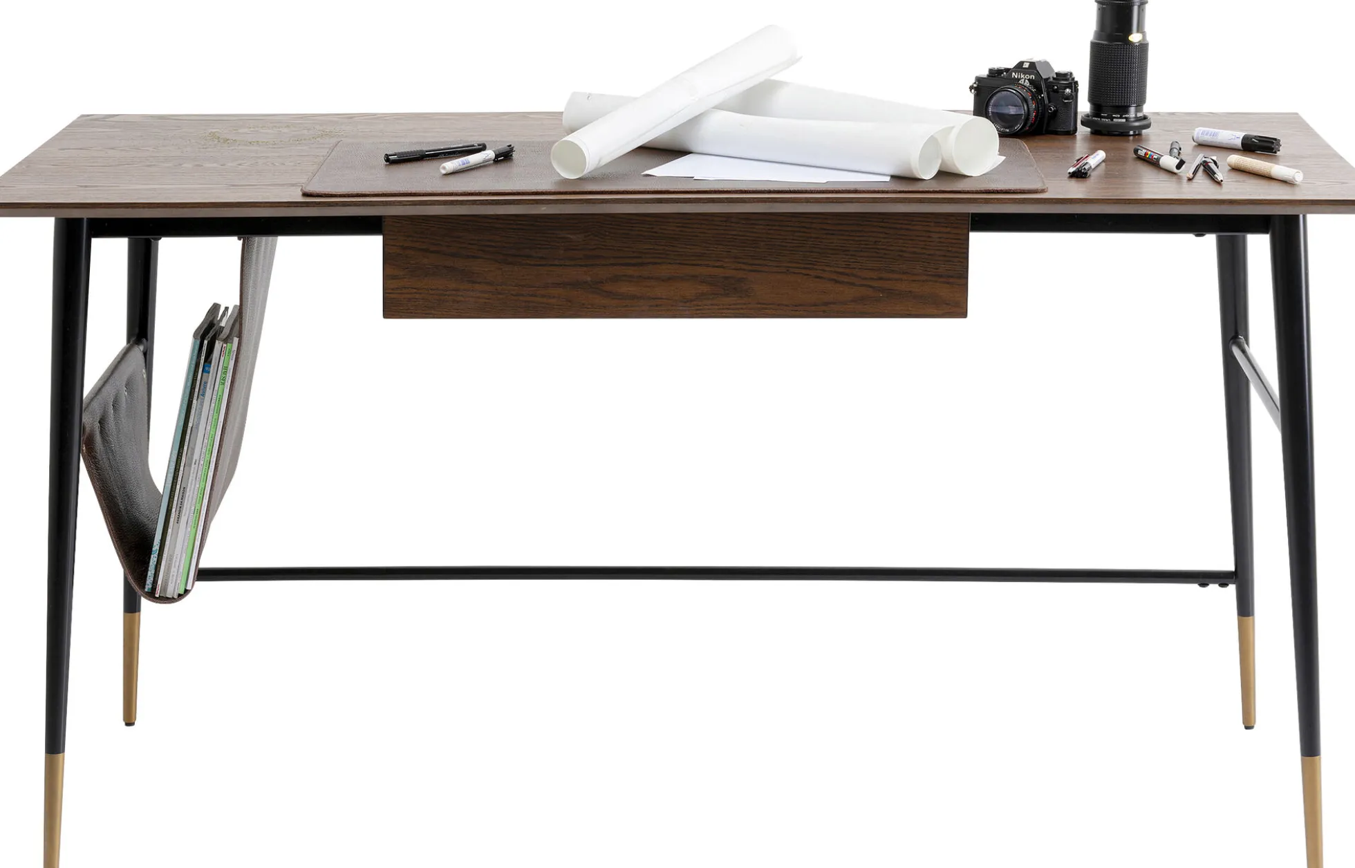 Biurko z szufladą brązowe MDF 153x71 cm skóra naturalna
