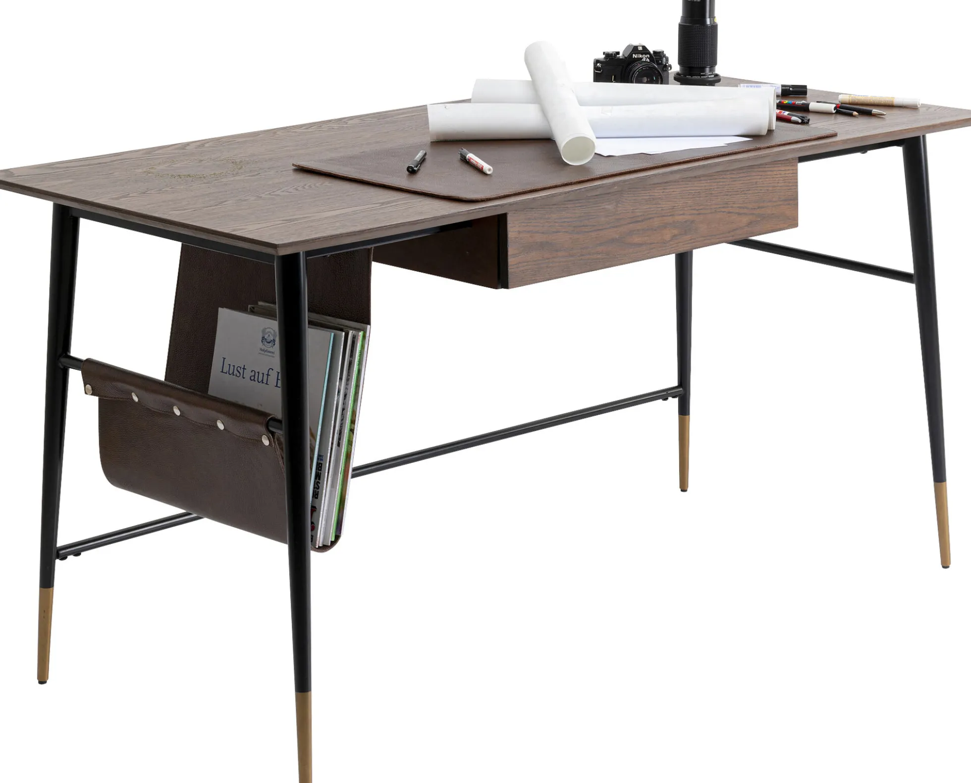 Biurko z szufladą brązowe MDF 153x71 cm skóra naturalna