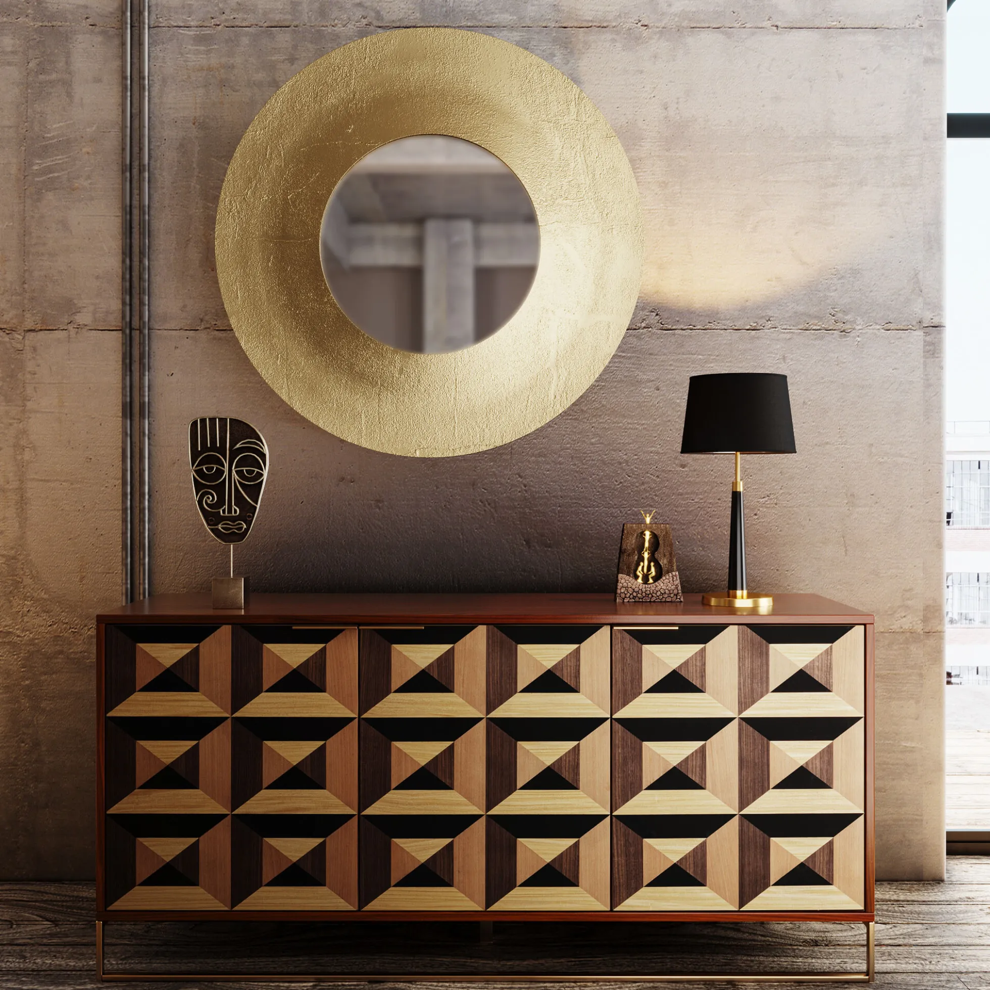 Komoda 3-drzwiowa fornir orzechowy nogi złote stalowe 160x78 cm front efekt 3D