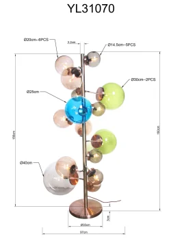 Lampa podłogowa duża złota klosze szklane kule przydymione 160 cm