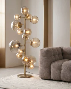 Lampa podłogowa duża złota klosze szklane kule przydymione 160 cm