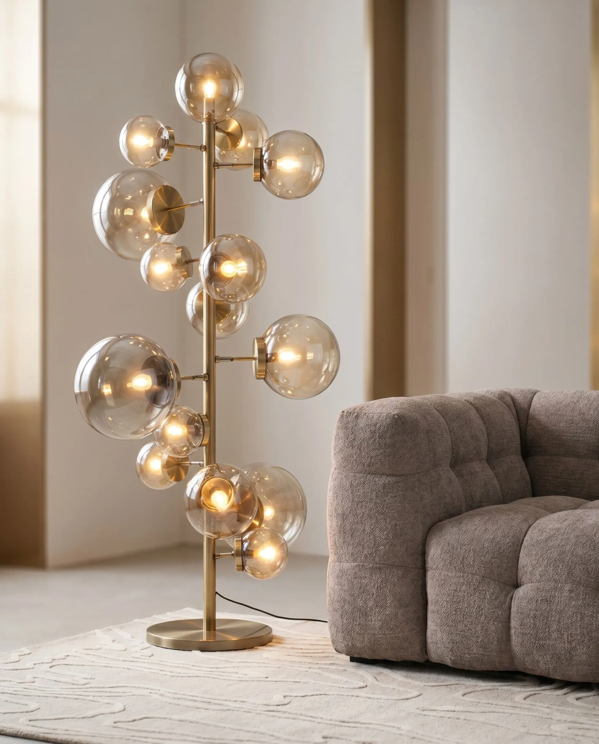 Lampa podłogowa duża złota klosze szklane kule przydymione 160 cm