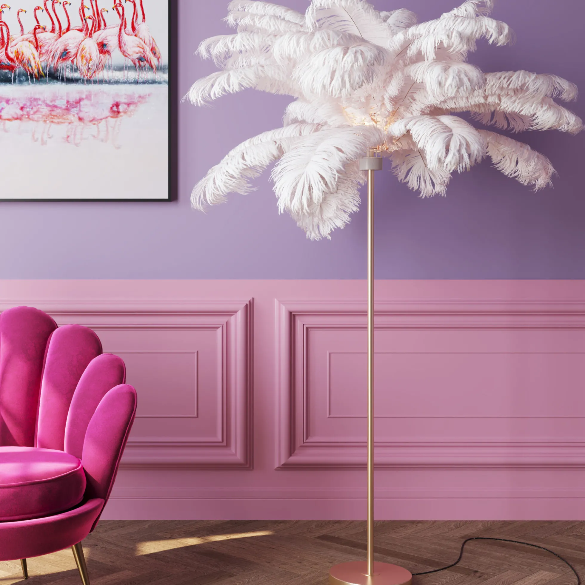Lampa podłogowa palma biała strusie pióra 165 cm podstawa złota