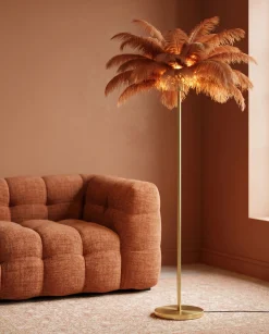 Lampa podłogowa palma brązowa rdzawa strusie pióra 165 cm podstawa złota