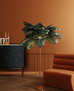 Lampa podłogowa palma zielona strusie pióra 165 cm podstawa złota
