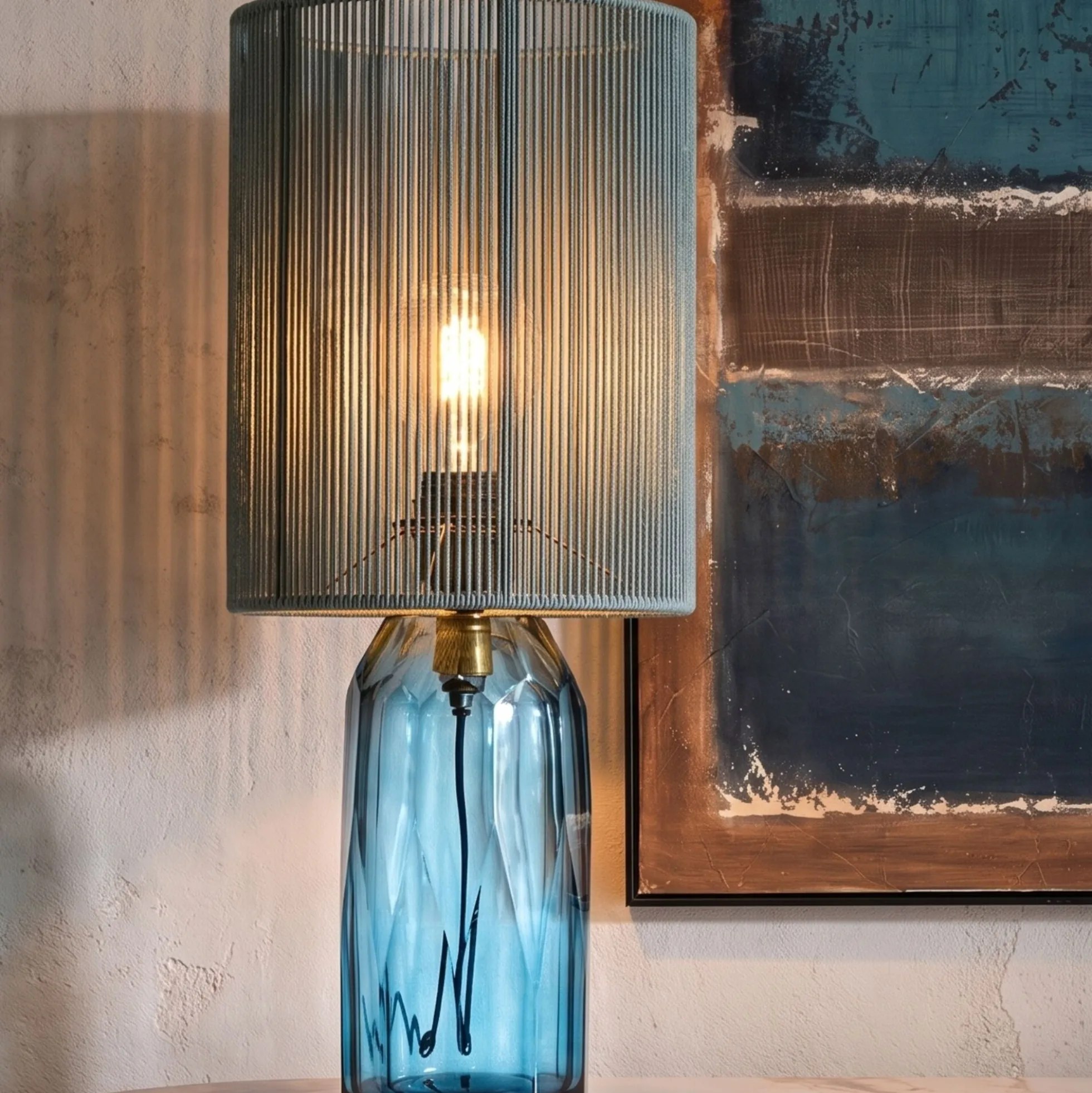 Lampa stołowa niebieska szkło i tkanina 42 cm
