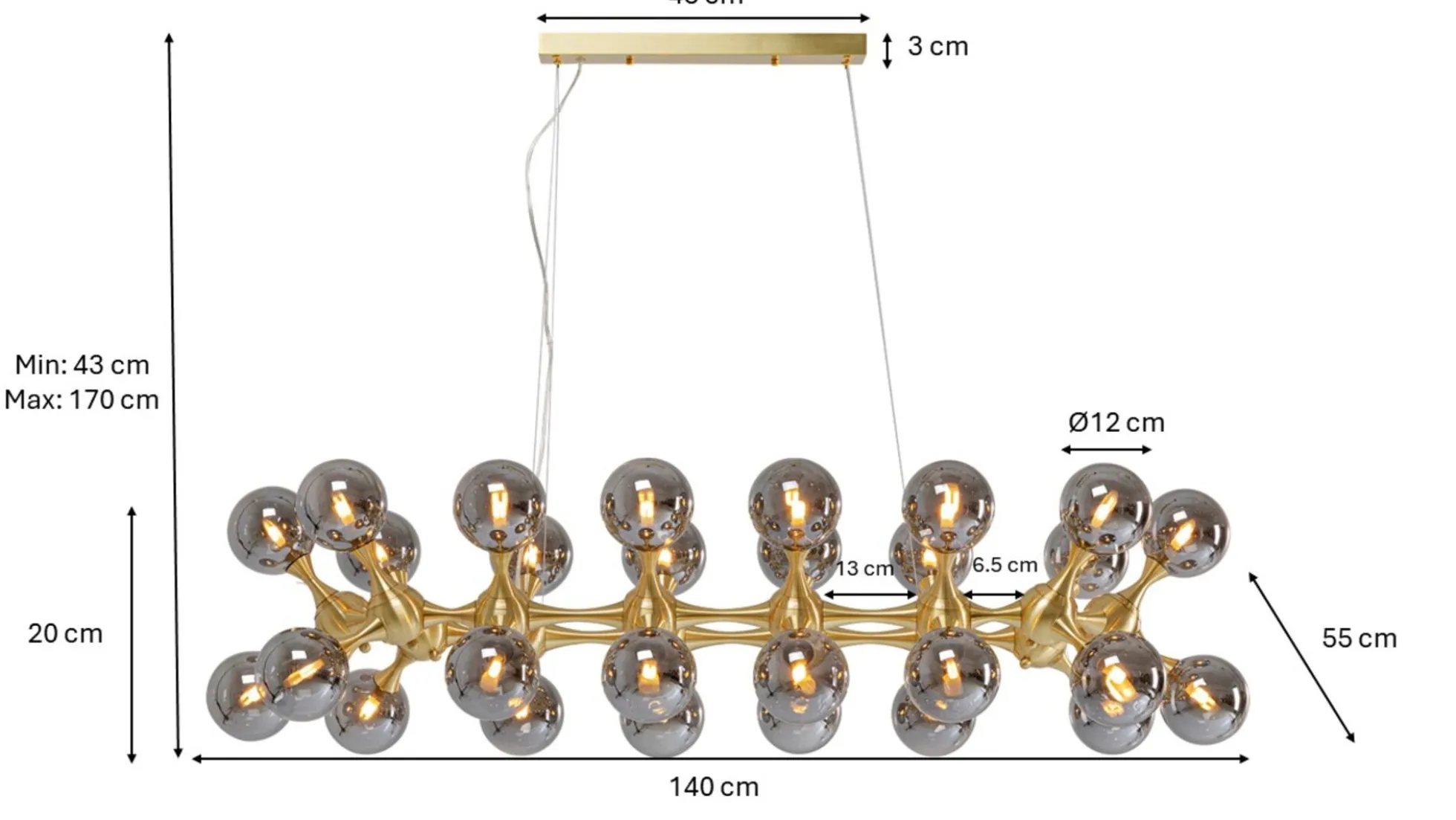 Lampa wisząca Atomic Balls 140 cm złota - klosze przydymione