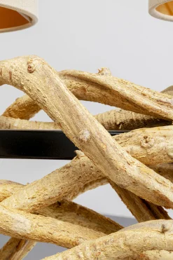 Lampa wisząca drewno naturalne i stal czarna 115 cm klosze lniane beżowe
