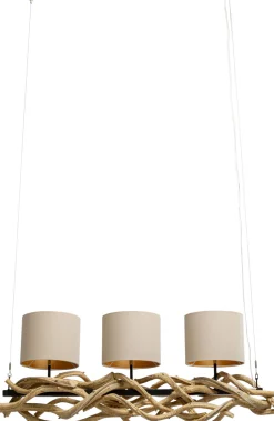Lampa wisząca drewno naturalne i stal czarna 115 cm klosze lniane beżowe
