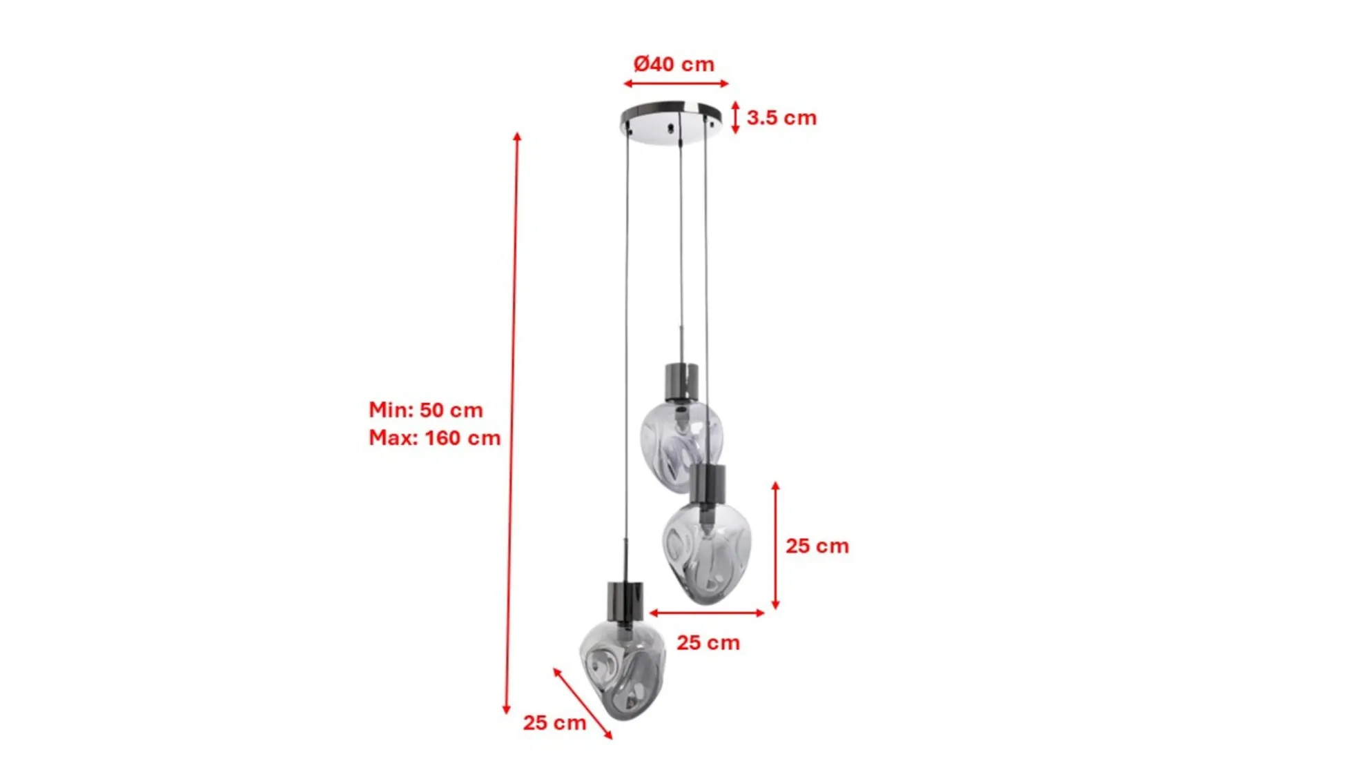 Lampa wisząca przydymiona 3L stal i szkło Ø45x160 cm