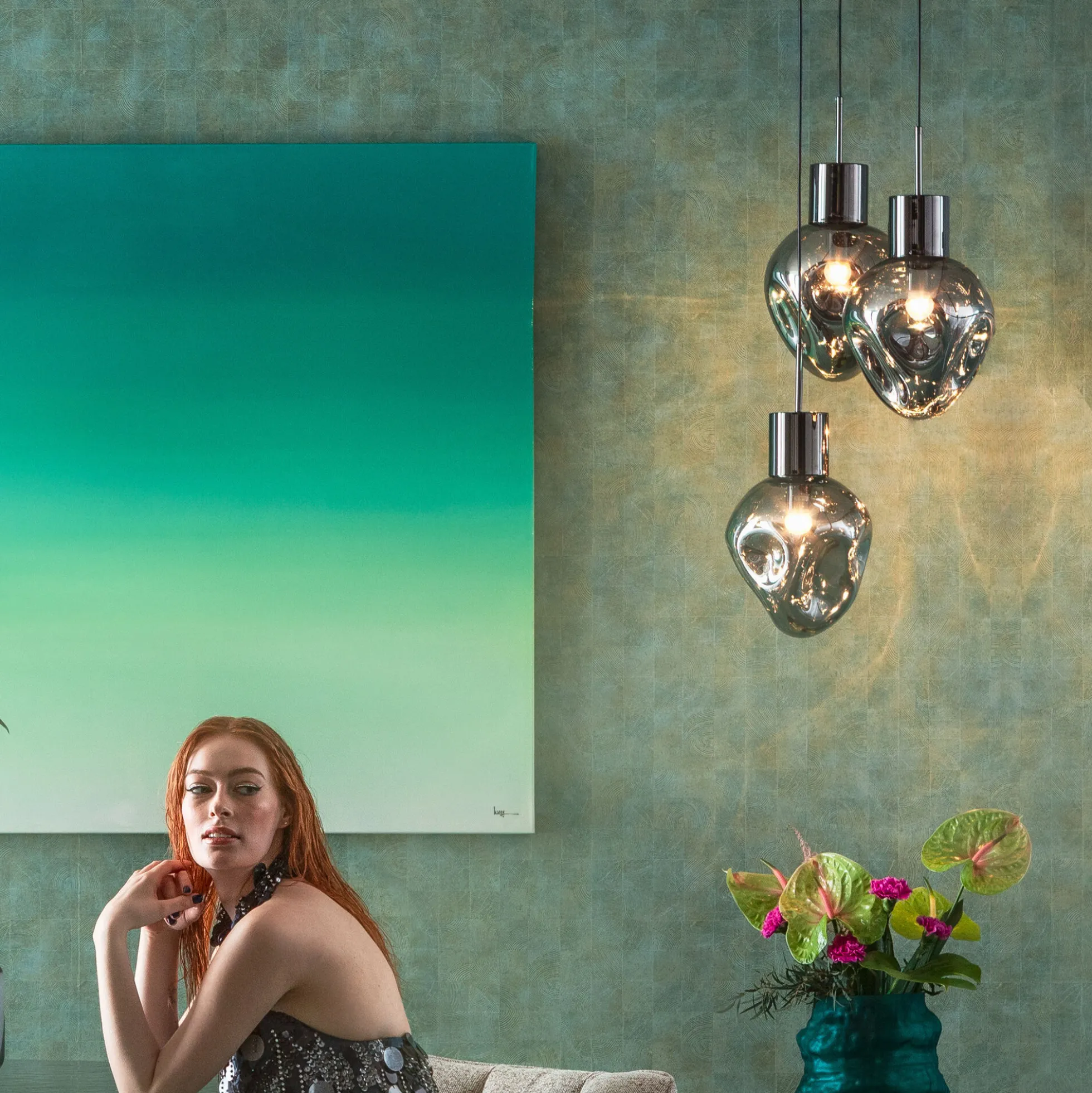 Lampa wisząca przydymiona 3L stal i szkło Ø45x160 cm