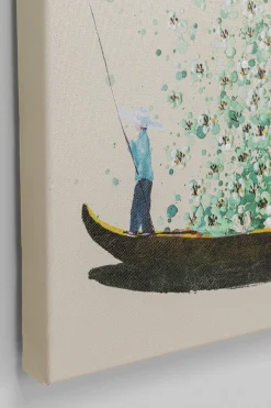 Obraz łódź i zielone kwiaty 80x100 cm beżowe tło