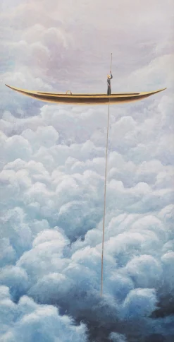 Obraz kolorowy łódka w chmurach rama czarna 60x120 cm
