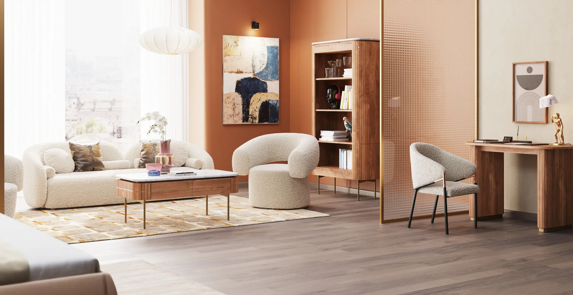 Sofa kremowa 3-osobowa tkanina boucle 225 cm
