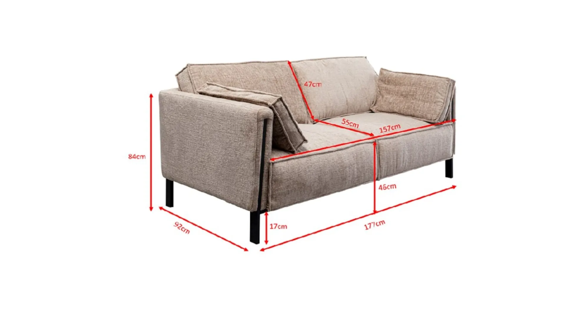 Sofa 2-osobowa beżowa tkanina szenilowa nogi czarne 178 cm