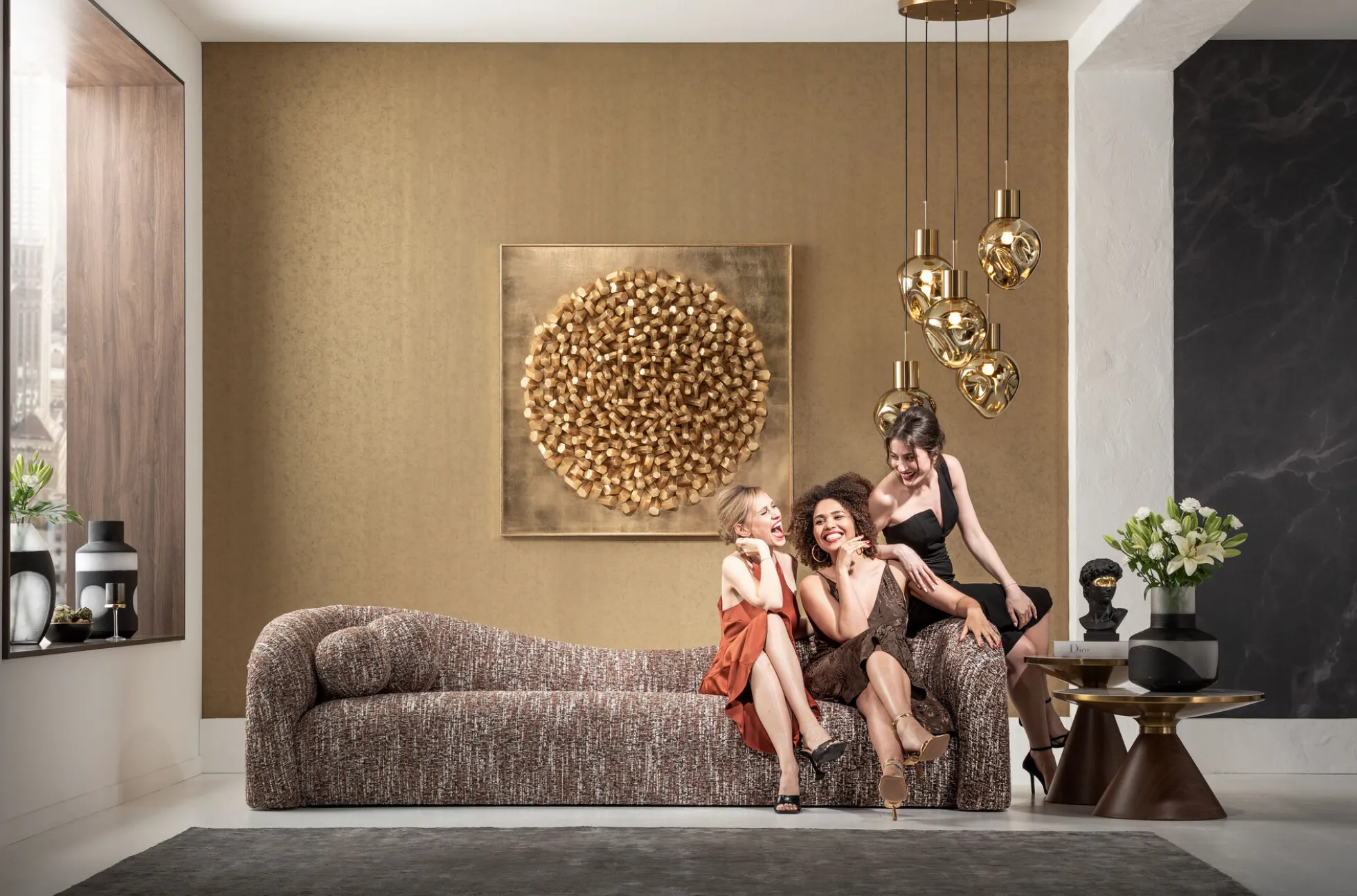 Sofa 3-osobowa brązowa tkanina melanżowa 261 cm organiczne kształy