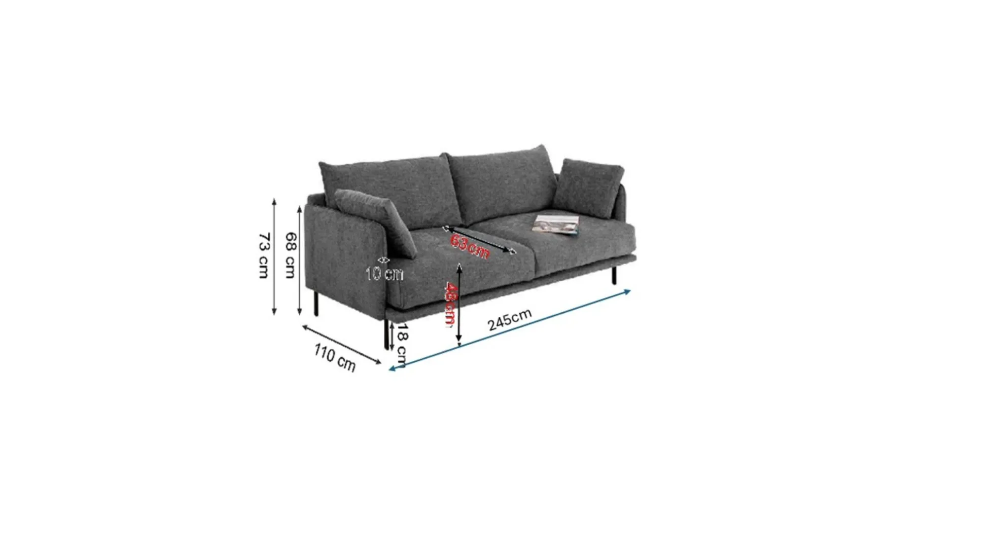 Sofa 3-osobowa do salonu kremowa z czarnymi stalowymi nogami 245 cm