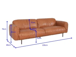 Sofa 3-osobowa skóra semianilinowa brązowa 226 cm