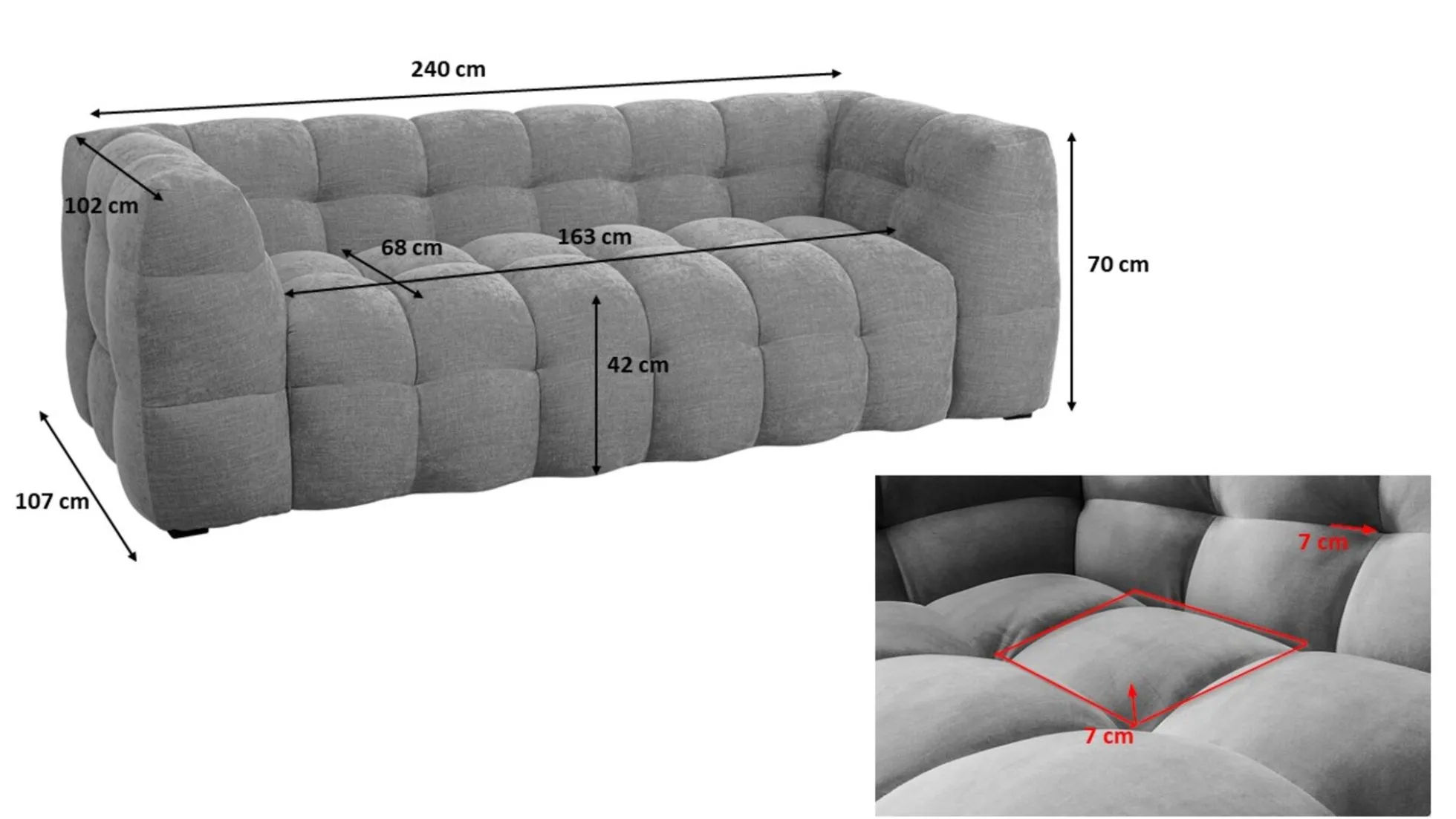 Sofa pikowana 3-osobowa jasnobrązowa 240 cm