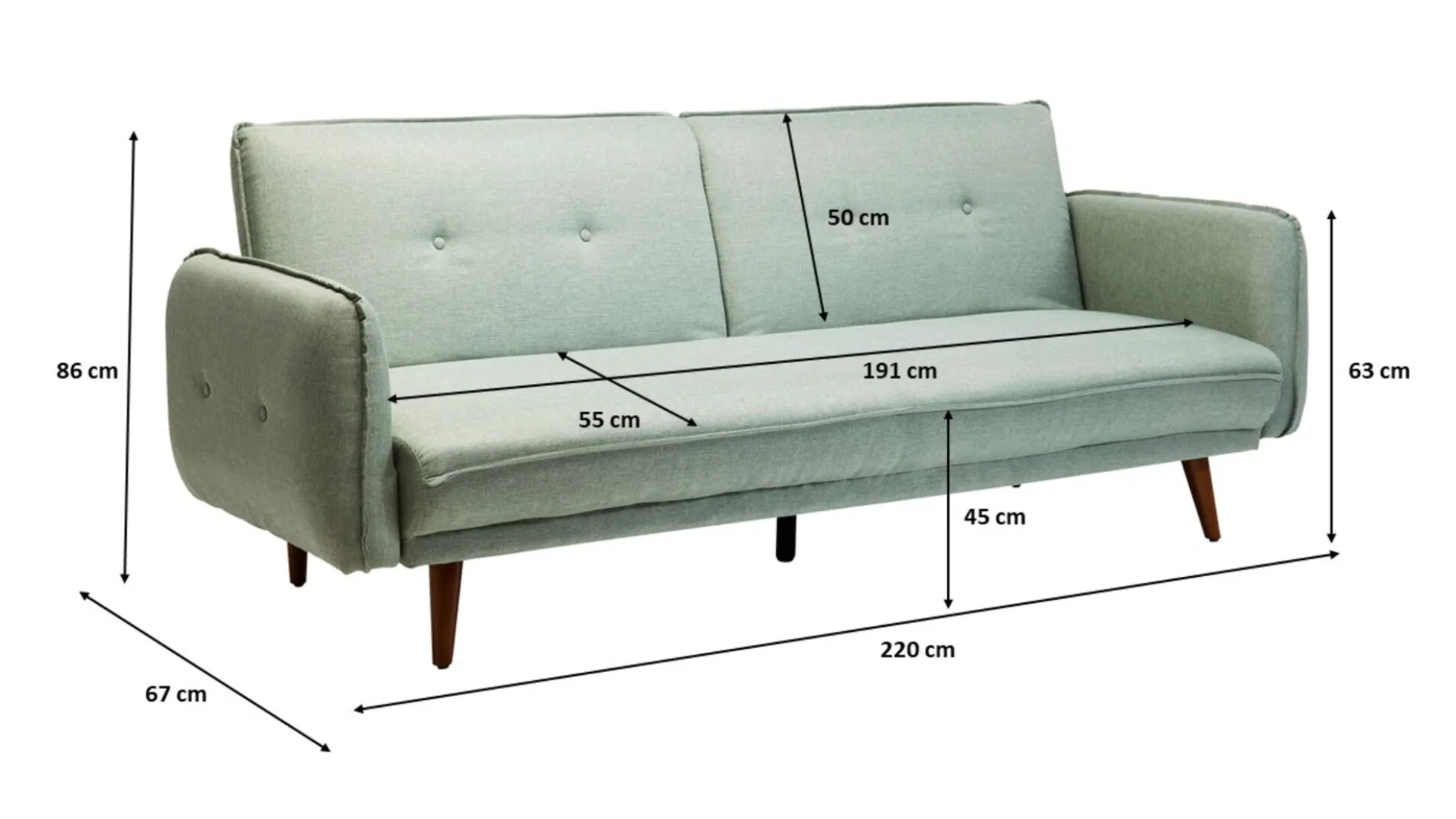 Sofa rozkładana z podłokietnikami 222x86 cm jasnozielona na brązowych nóżkach