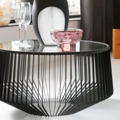 Stolik kawowy loft stal czarna i szkło transparentne Ø80 cm