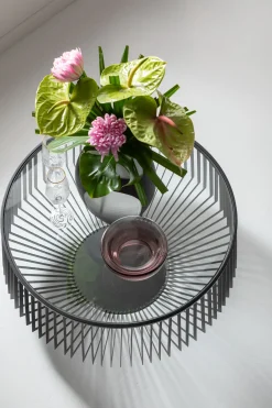 Stolik kawowy loft stal czarna i szkło transparentne Ø80 cm