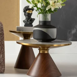 Stolik kawowy z ceramicznym blatem podstawa brązowa Ø70 cm