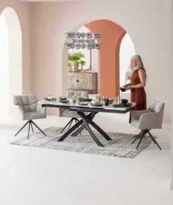Stół rozkładany blat ceramiczny biały podstawa stal czarna 120-180x90 cm