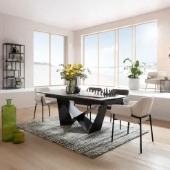 Stół rozkładany blat ceramika i szkło podstawa czarna 200-260x100 cm