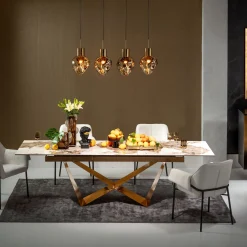 Stół rozkładany blat szkło i kamionka nogi stal nierdzewna 200-260x100 cm